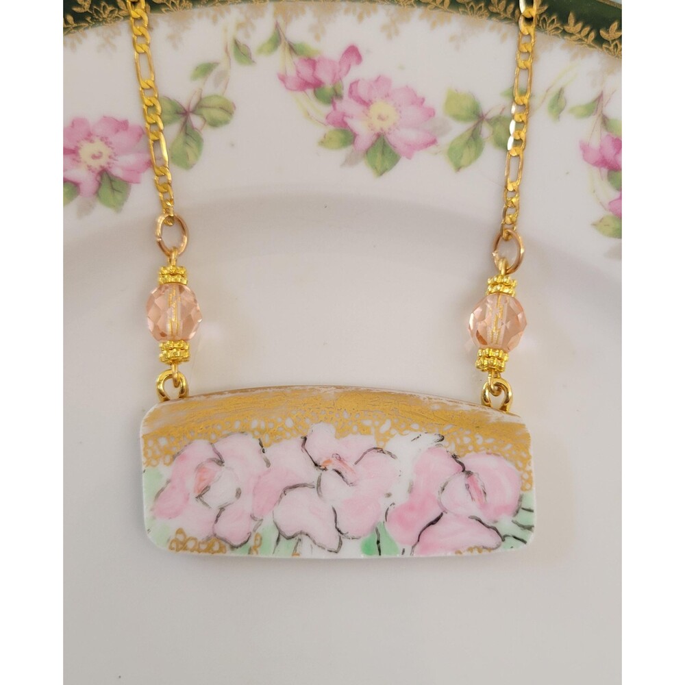 Bavarian Pink Floral Broken China Pendant Necklace